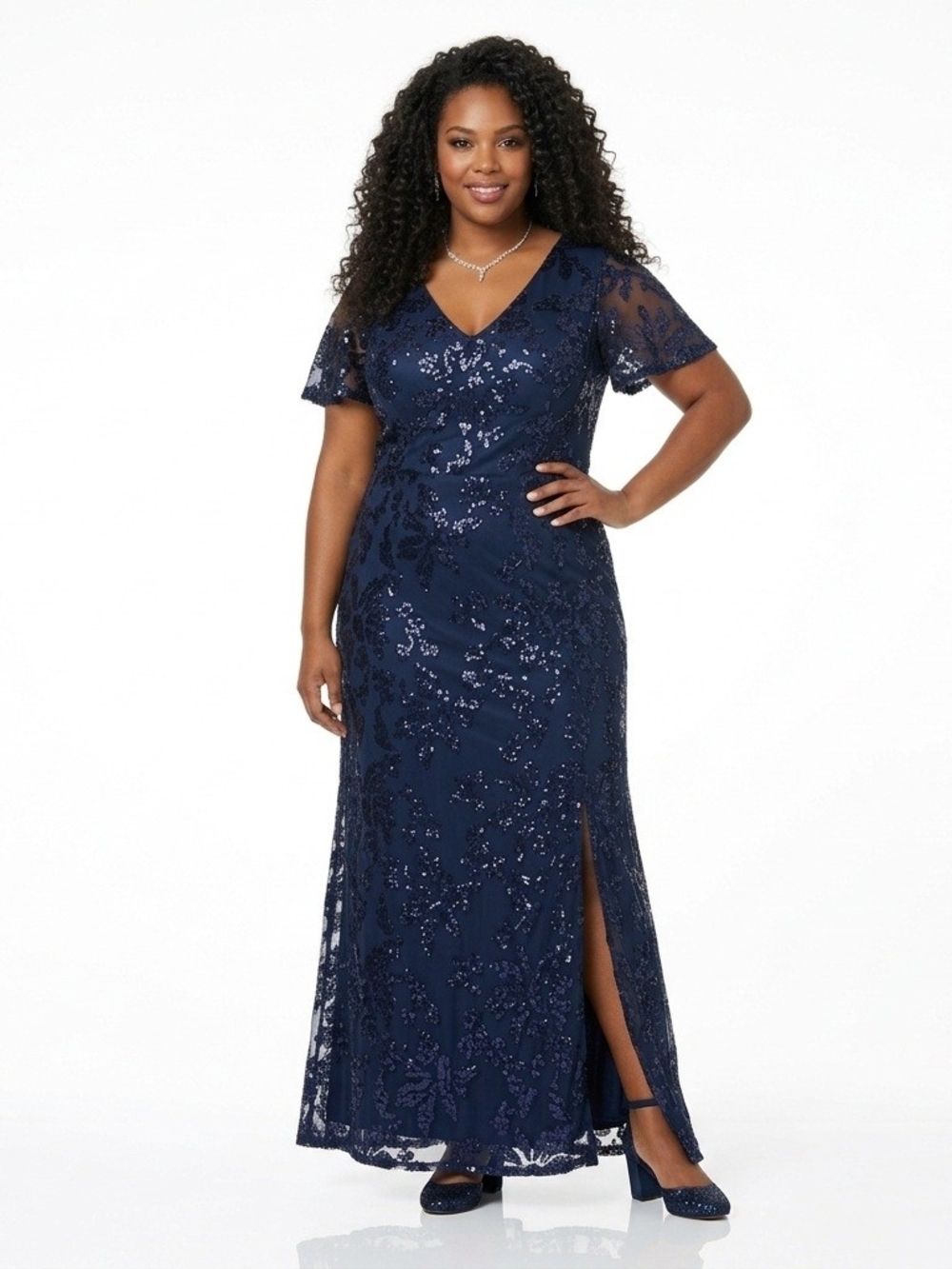 Navy Sequin V-Neck Evening Dress with Short Sleeves
